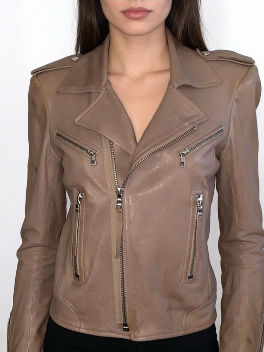 ALEXIS Intermix mocha brown leather moto military zip jacket coat S